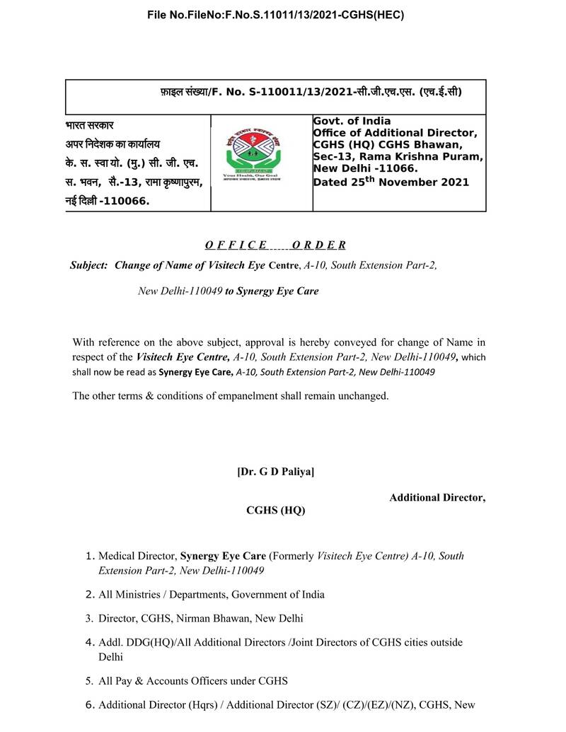 Change of Name of Vistech Eye Centre, A-10, South Extension Part-2, New Delhi-110048 to Synergy Eye Care – CGHS Office Order 