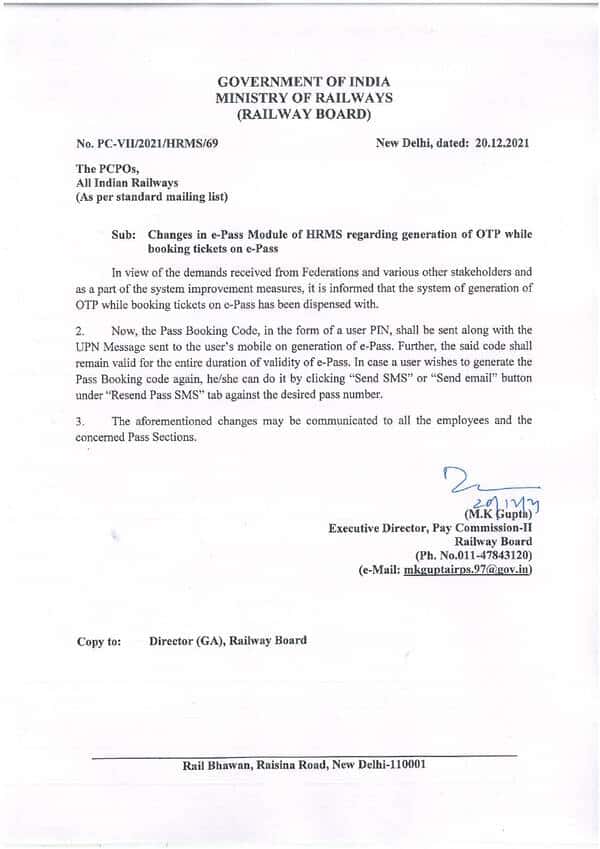 Changes in e-Pass Module of HRMS regarding generation of OTP while booking tickets on e-Pass – Railway Board order dated 20.12.2021