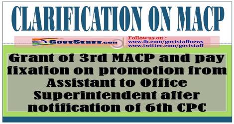 Grant of 3rd MACP and pay fixation on promotion from Assistant to Office Superintendent after notification of 6th CPC – Clarification