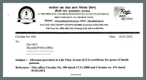 Life Time Arrear (LTA) certificate for grant of family pension – Alternate provision reg : PCDA Circular No. 656