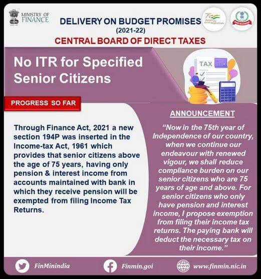 No ITR for Specified Senior Citizens: Through Finance Act 2021 a new section 194P was inserted in IT Act