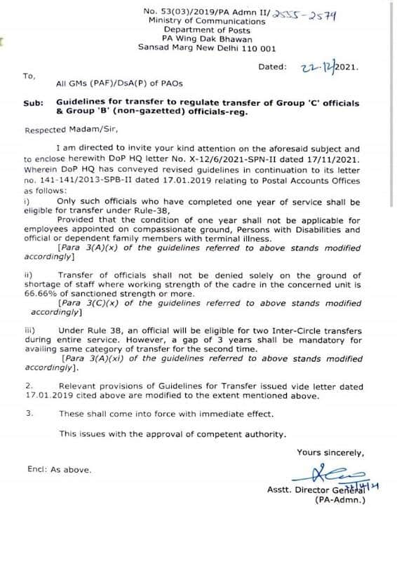 Guidelines for transfer to regulate transfer of Group ‘C’ officials & Group ‘B’ (non-gazetted) officials – Deptt. of Posts