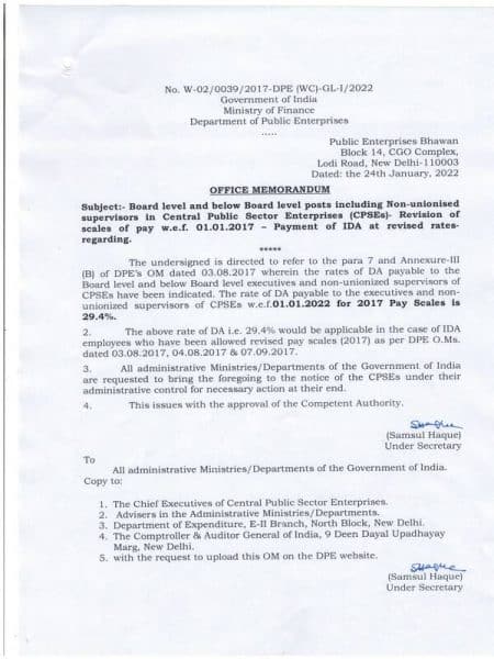 payment-of-ida-from-01-01-2022-at-29-4-to-board-level-and-below-board-level-posts-including-non-unionised-supervisors-in-cpses-drawing-pay-at-revised-scales-2017