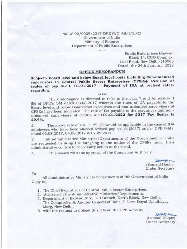 Payment of IDA from 01.01.2022 at 29.4% to Board level and below Board level posts including Non-unionised supervisors in CPSEs drawing pay at revised scales 2017