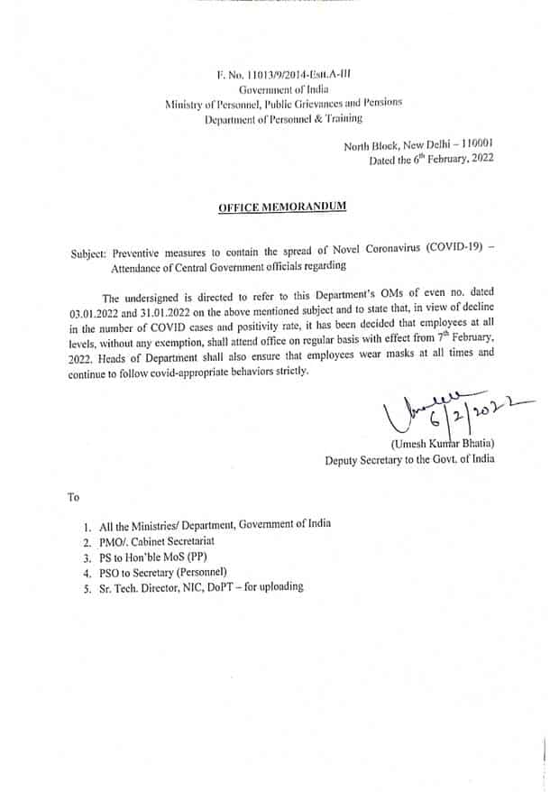Attendance of Central Government officials – Preventive measures to contain the spread of Novel Coronavirus (COVID-19) | DoPT O.M dated 6th Feb 2022