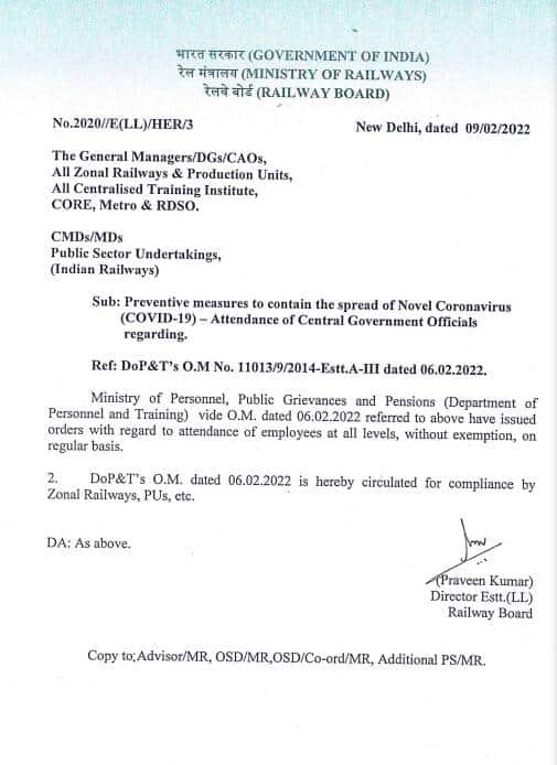 Preventive measures to contain the spread of Novel Coronavirus (COVID-19) — Attendance of Central Government Officials – Railway Board order
