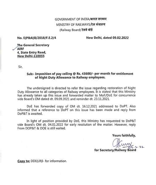 Imposition of pay ceiling @ Rs. 43600/- per month for entitlement of Night Duty Allowance to Railway employees – Reply from DOPT still awaited