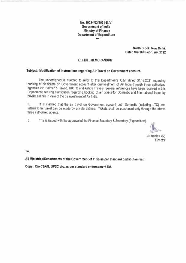 Modification of instructions regarding Air Travel on Government account – Travel can be made by private airlines: DoE OM dated 16.02.2022