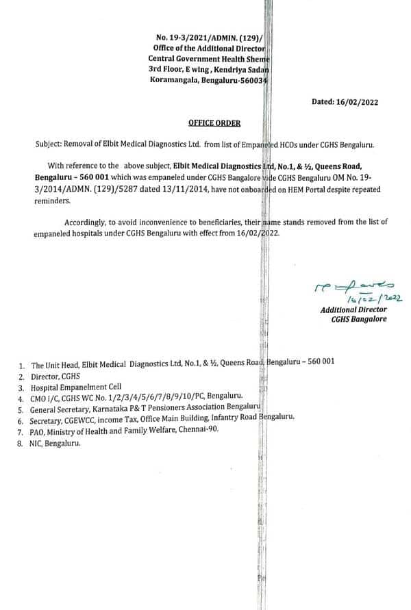 Removal of Elbit Medical Diagnostics Ltd. from list of Empaneled HCOs under CGHS Bengaluru w.e.f. 16.02.2022