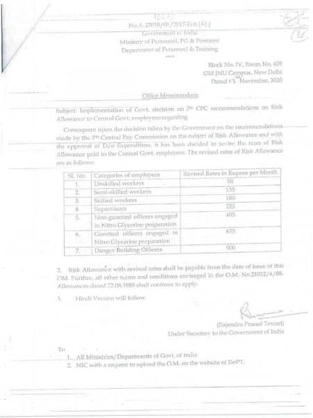 7th CPC Risk Allowance : Implementation of Government decision on its recommendations - MoD Order