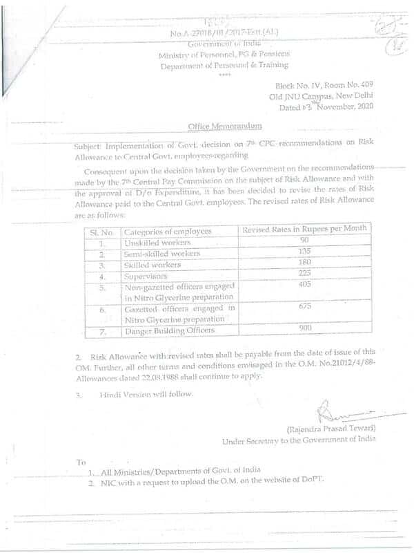 7th CPC Risk Allowance : Implementation of Government decision on its recommendations – MoD Order