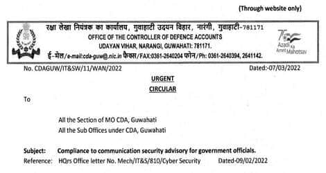 Compliance to communication security advisory for government officials - CDA, Guwahati