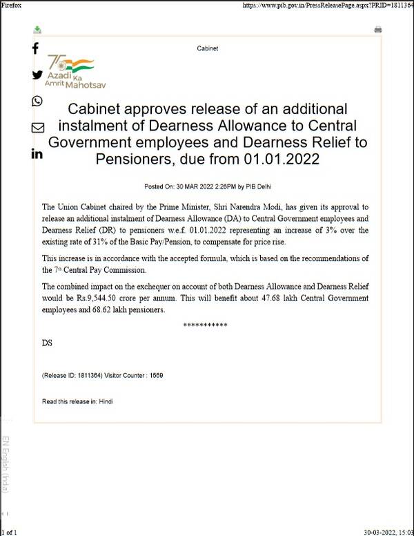 Dearness Allowance and Dearness Relief from 01.01.2022: Cabinet approves 3% hike