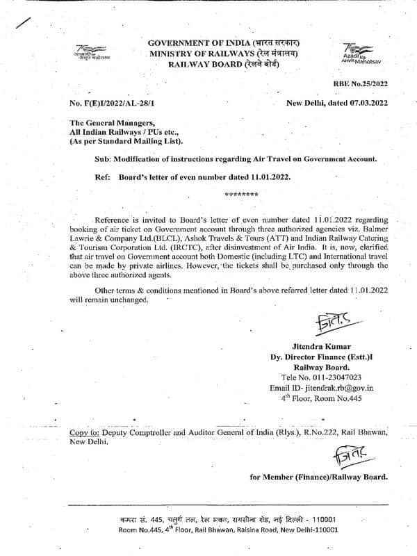 Modification of instructions regarding Air Travel on Government Account: Railway Board RBE No. 25/2022