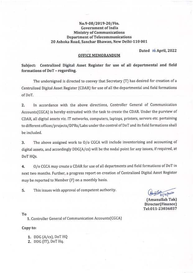 Centralized Digital Asset Register for use of all departmental and field formations of DoT