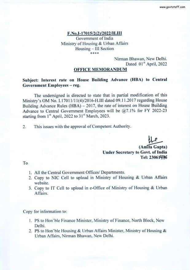 Interest rate on House Building Advance (HBA) @ 7.1% for FY 2022-23 to Central Government Employees