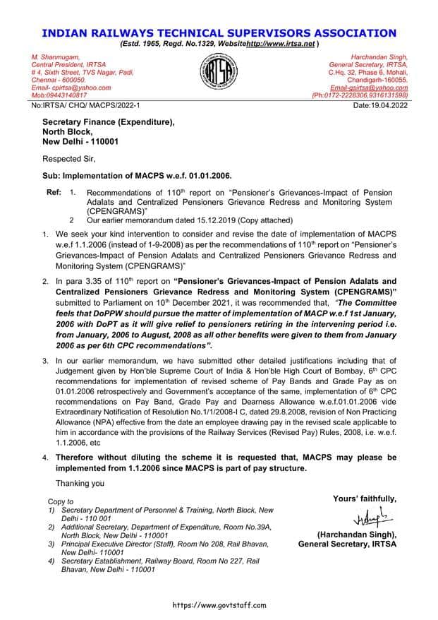 Implementation of MACPS w.e.f. 01.01.2006: IRTSA refers 110th report of parliamentary committee to Secretary Finance (Expenditure)
