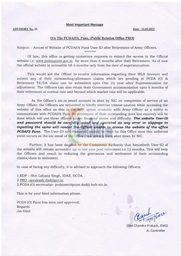 Access of Website of PCDA(O) Pune User-ID after Retirement of Army Officers – PCDA Advisory No. 33