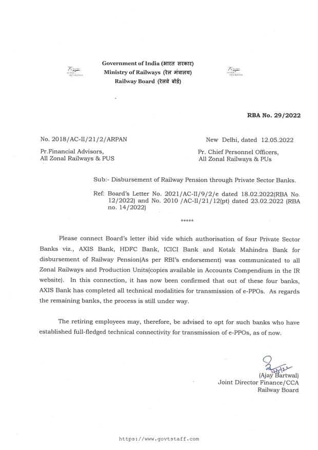 Disbursement of Railway Pension through Private Sector Banks – RBA No. 29/2022