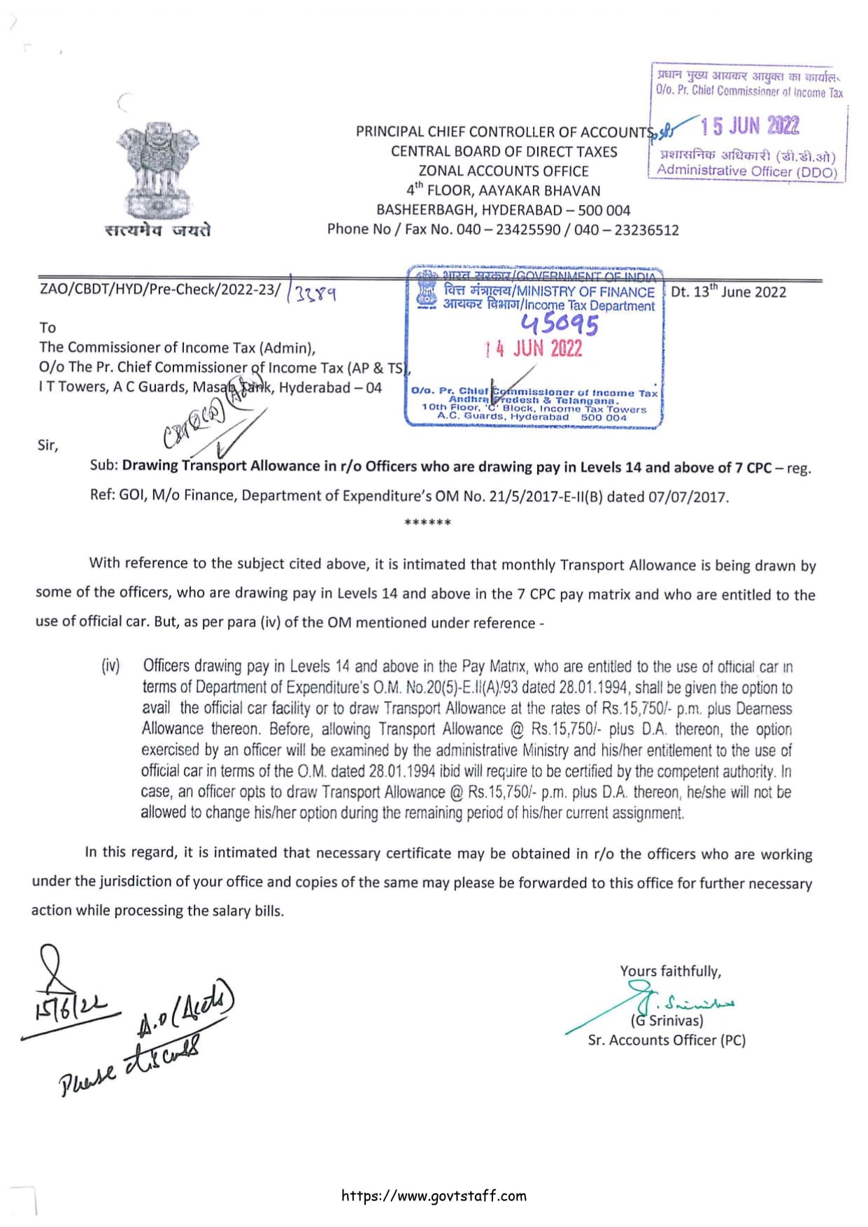 7th Pay Commission: Drawal of Transport Allowance @ 15,750/- p.m. in r/o Officers who are drawing pay in Levels 14 and above