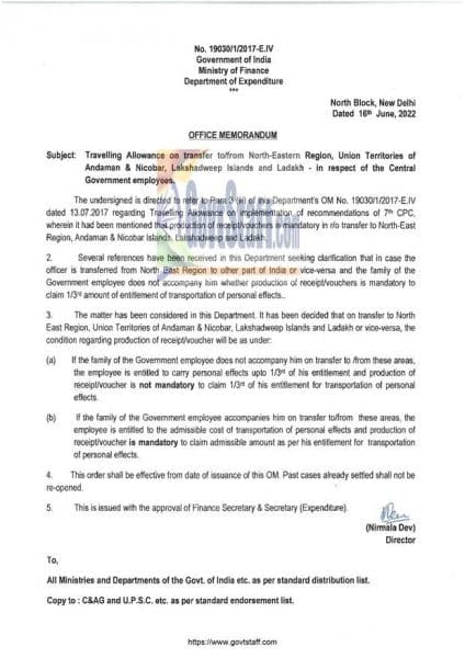 7th-pay-commission-regulation-of-travelling-allowance-on-transfer-to-from-north-eastern-region-union-territories-of-andaman-nicobar-lakshadweep-islands-and-ladakh-finmin-o-m-dated-16-06-2022