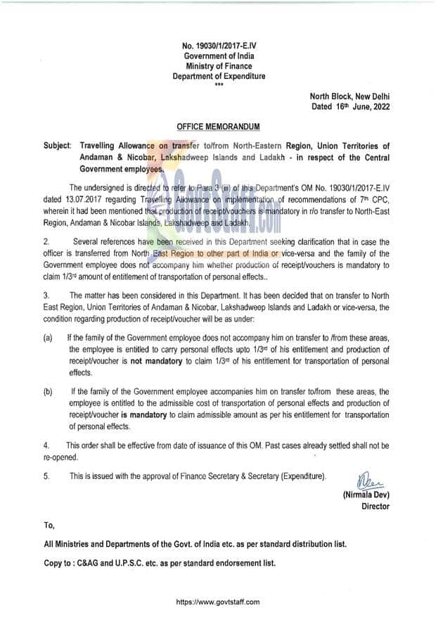 7th Pay Commission: Regulation of Travelling Allowance on transfer to/from North-Eastern Region, Union Territories of Andaman & Nicobar, Lakshadweep Islands and Ladakh – Finmin O.M. dated 16.06.2022