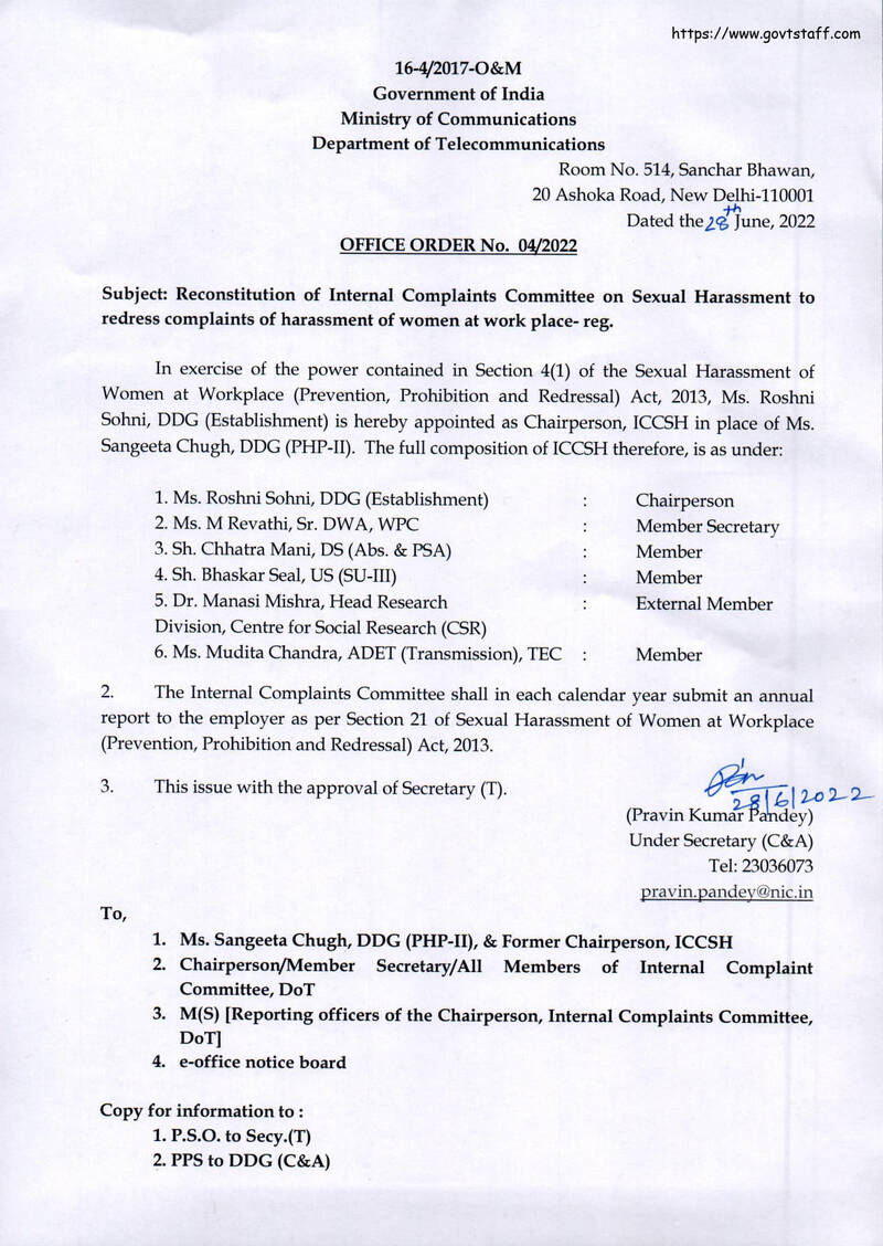 Reconstitution of Internal Complaints Committee on Sexual Harassment to redress complaints of harassment of women at work place – DOT Office Order No. 04/2022