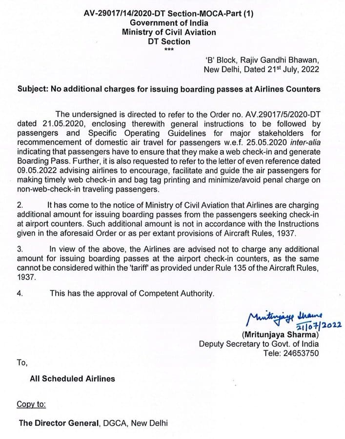 No additional charges for issuing boarding passes at Airlines Counters: Ministry of Civil Aviation