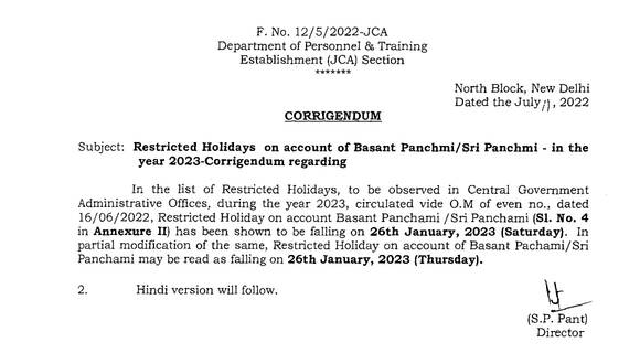 Restricted Holidays on account of Basant Panchmi/Sri Panchmi in the year 2023 – Corrigendum reg