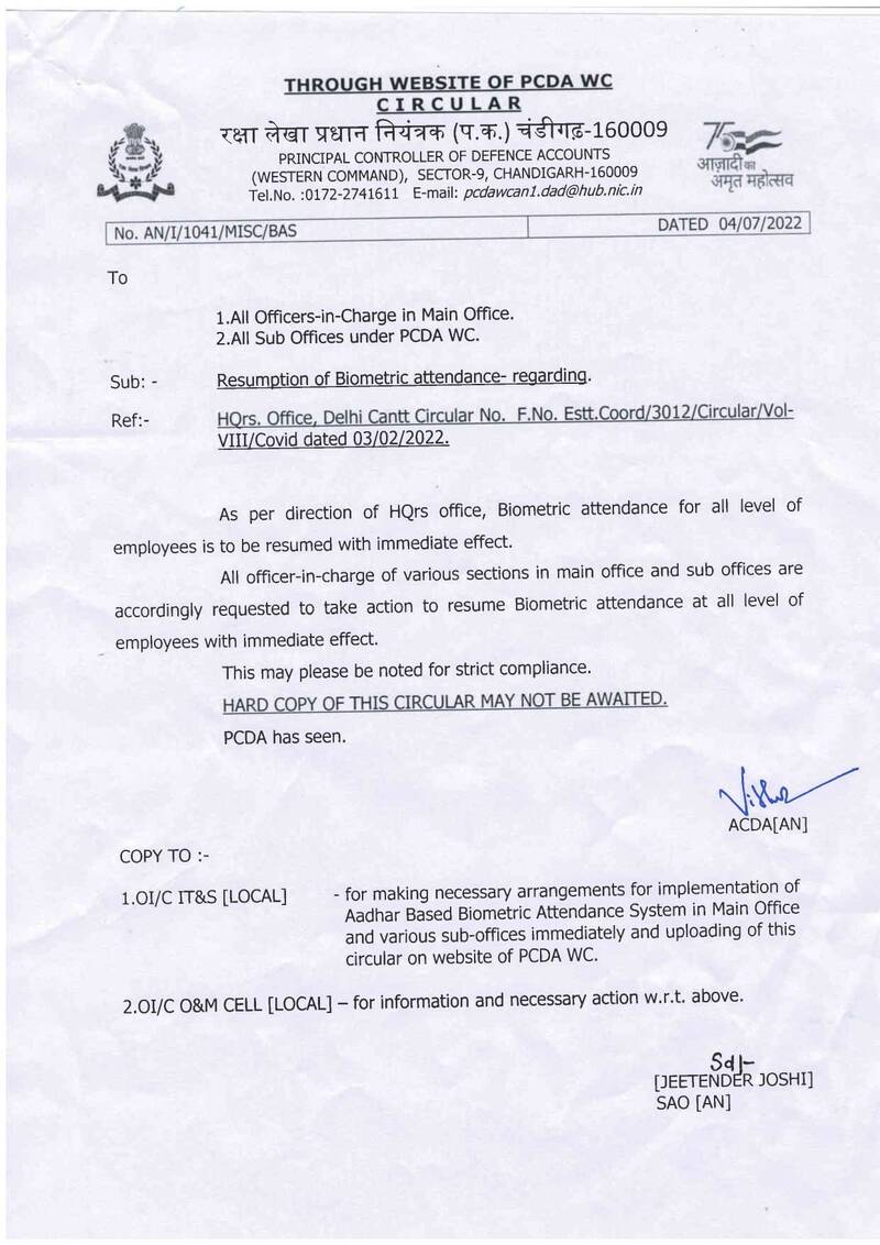 Resumption of Biometric attendance- regarding attendance – PCDA WC order dated 04.07.2022