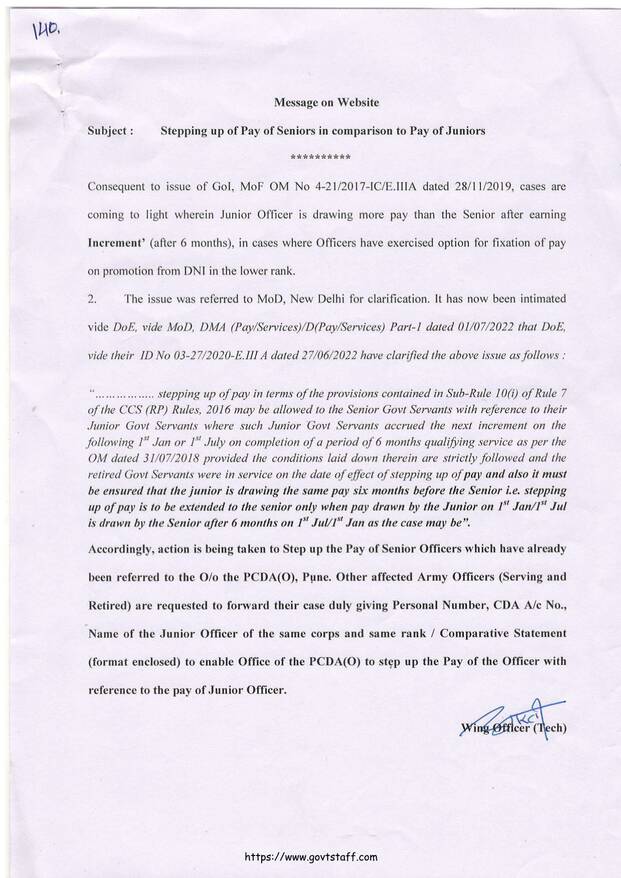 Stepping up of Pay of Seniors in Comparison to Pay of Juniors – PCDA Message Stepping up of Pay of Seniors in Comparison to Pay of Juniors – PCDA Message