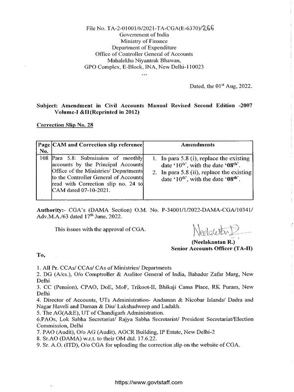 Correction Slip No. 28 : Amendment in Civil Accounts Manual Revised Second Edition -2007 Volume-I &II (Reprinted in 2012) 