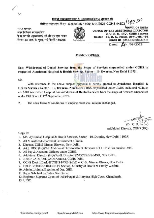 CGHS: Ayushman Hospital & Health Services, Dwarka, New Delhi: Withdrawal of Dental Services from the Scope of Services empanelled under CGHS Delhi and NCR w.e.f. 17th September, 2022