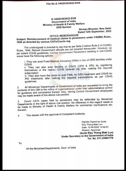 CGHS: Options under CS(MA) Rules 1944 for reimbursement of medical claims to Pensioners residing in non-CGHS areas CGHS: Options under CS(MA) Rules 1944 for reimbursement of medical claims to Pensioners residing in non-CGHS areas