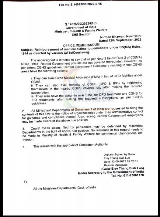 CGHS: Options under CS(MA) Rules 1944 for reimbursement of medical claims to Pensioners residing in non-CGHS areas