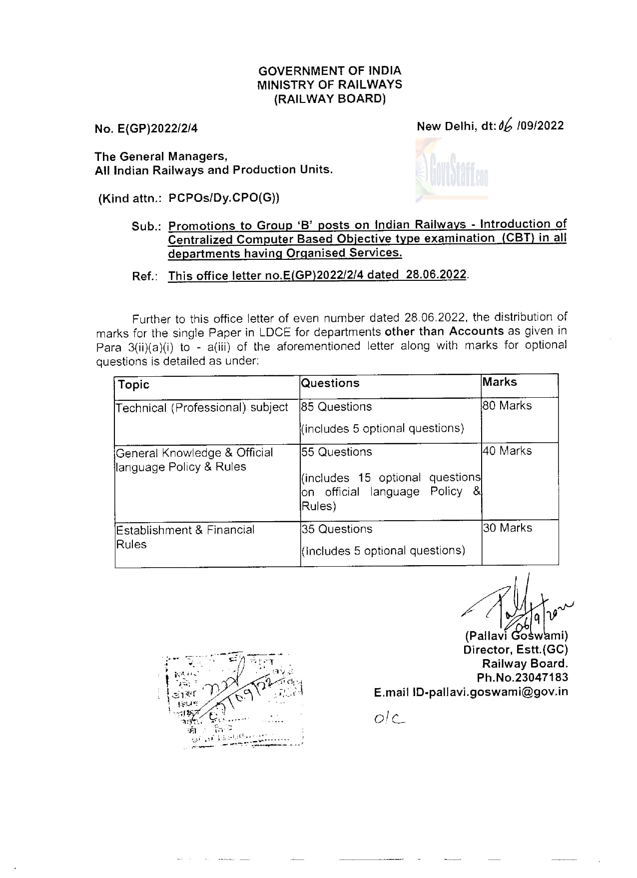 Introduction of Centralized Computer Based Objective type examination (CBT) for promotions to Group ‘B’ posts in Indian Railways