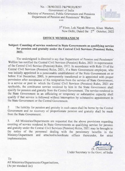 Counting of service rendered in State Governments as qualifying service for pension and gratuity under the Central Civil Services (Pension) Rules, 2021 DoP&PW OM No. – 28902022-P&PW(B)8297 dated 02.10.2022