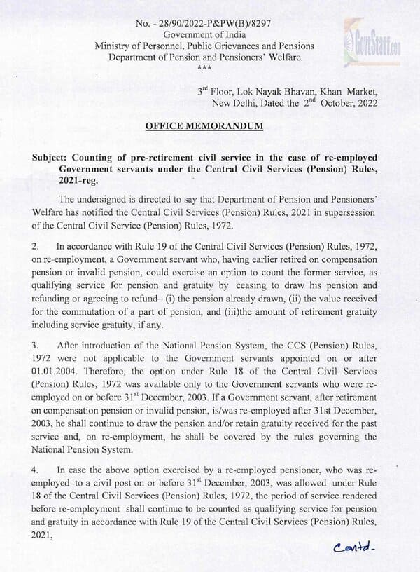 Counting of pre-retirement civil service in the case of re-employed Government servants under the Central Civil Services (Pension) Rules, 2021: DoP&PW OM