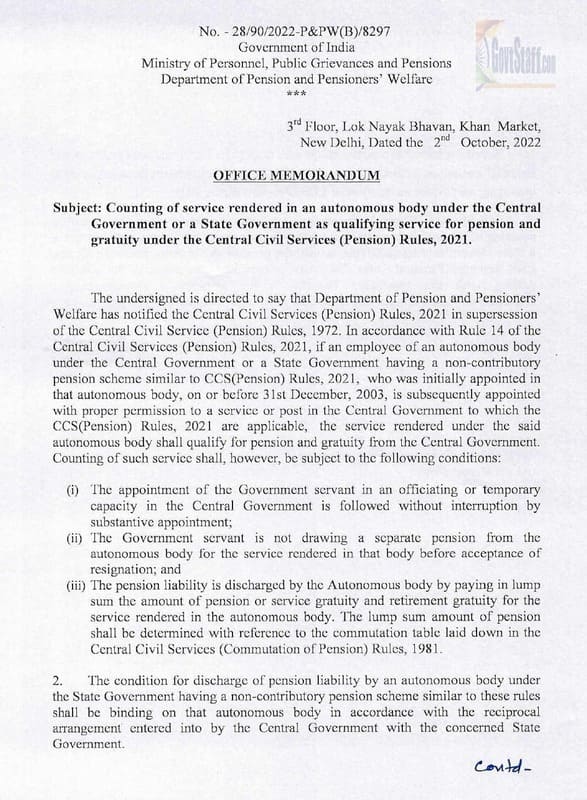 Counting of service rendered in an autonomous body under the Central Government or a State Government as qualifying service for pension and gratuity DoP&PW OM 