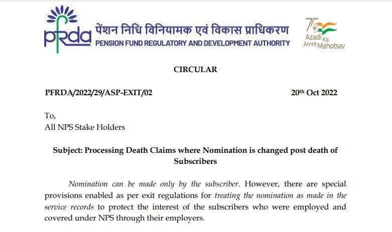 Processing Death Claims where Nomination is changed post death of Subscribers – Exits and Withdrawals under the NPS Regulations 2015