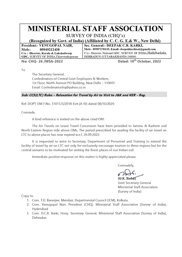 Request to extend relaxation for travel by Air to Visit to J&K, Laddakh, NER and A&N Islands beyond 25.09.2022 