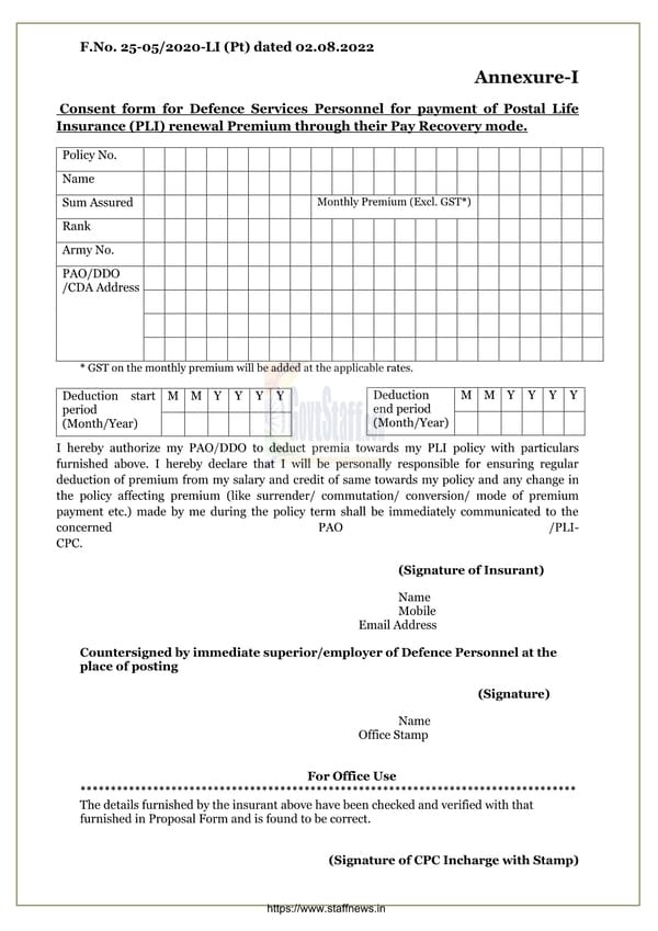 Revised procedure for procurement of PLI policies by Defence Personnel through Civil Post Offices and its servicing: Department of Posts