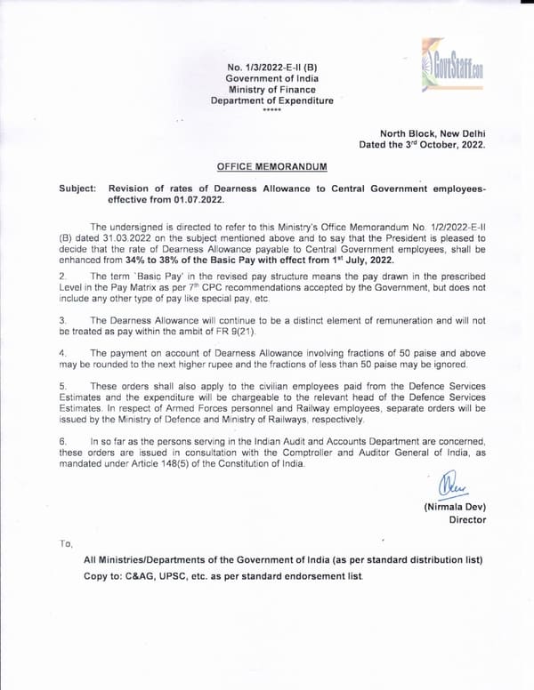 Dearness Allowance – Revised Rates effective from 01.07.2022: DoE OM dated 03.10.2022