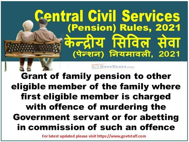 Grant of family pension to other eligible member of the family where first eligible member is charged with offence of murdering the Government servant or for abetting in commission of such an offence.