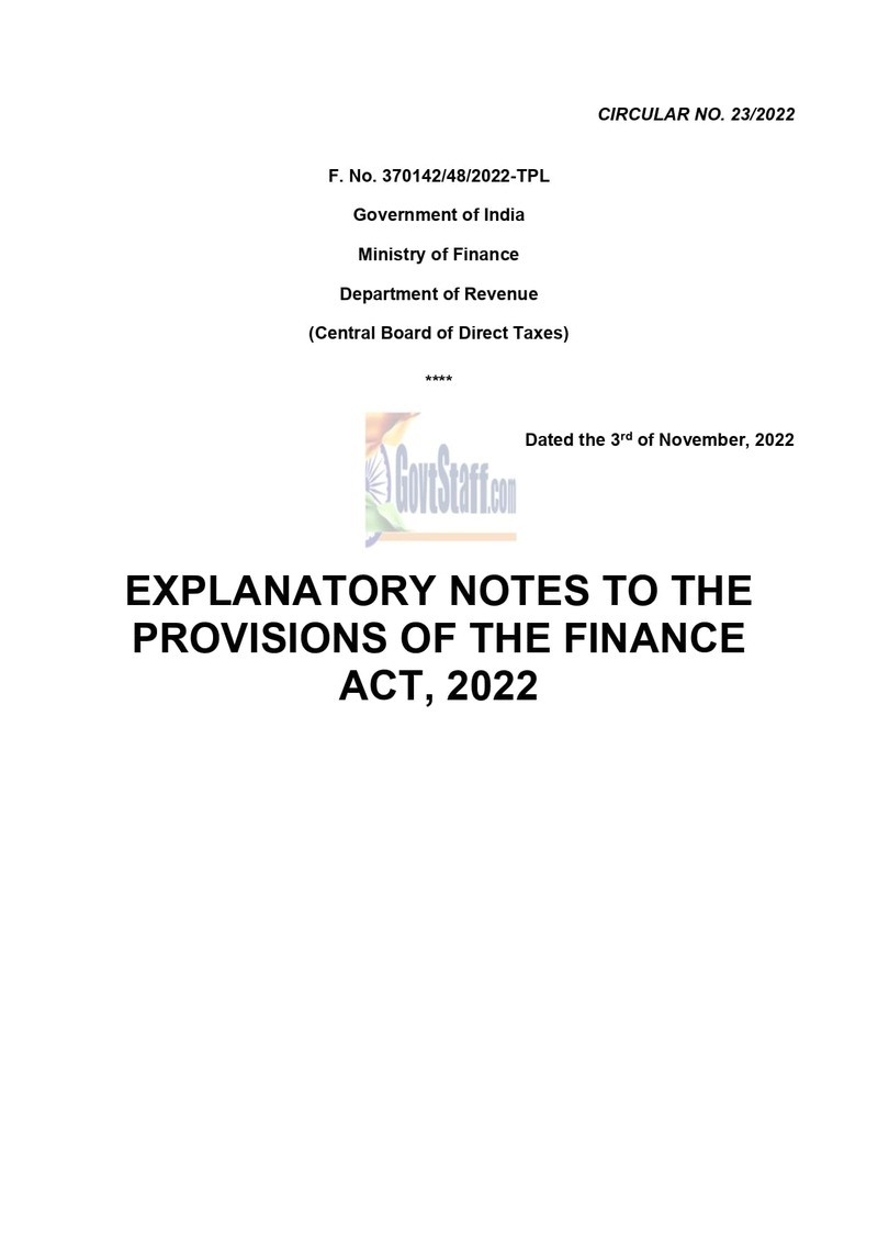 Income Tax Act: Explanatory Notes to the Provisions of the Finance Act, 2022 – CBDT Circular No. 23/2022 
