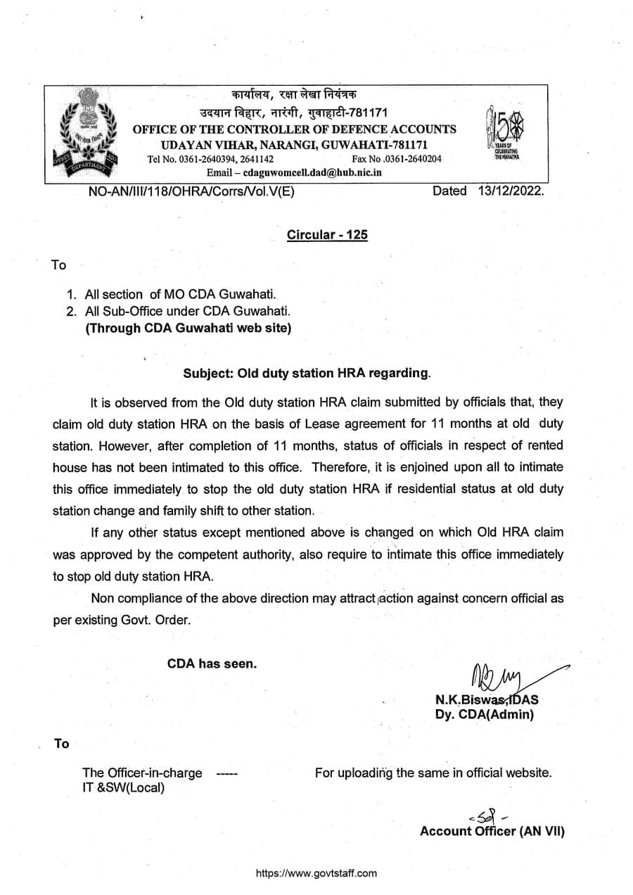 Old duty station HRA – stopage of the old duty station HRA if residential status at old duty station change and family shift to other station – Circular – 125