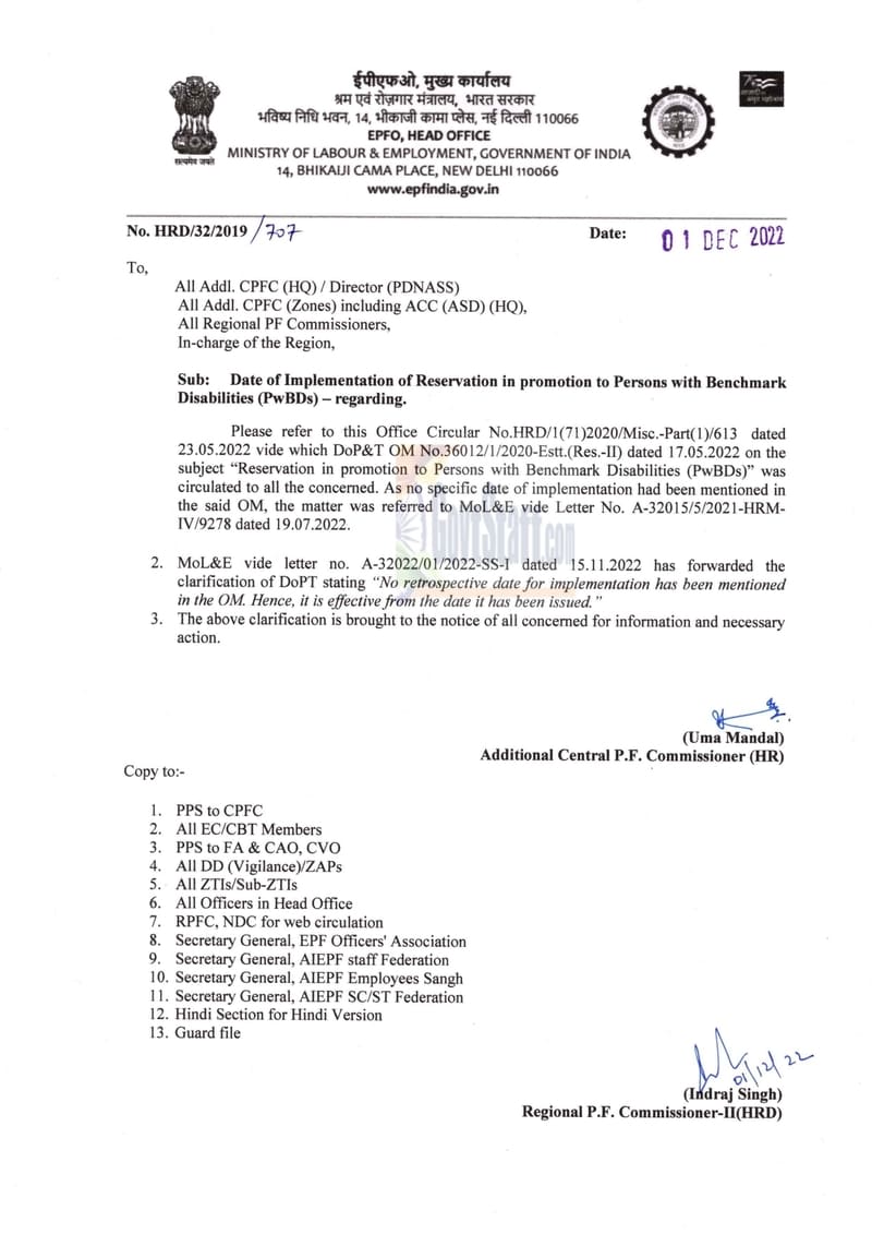 Date of Implementation of Reservation in promotion to Persons with Benchmark Disabilities (PWBDs) – EPFO order dated 01.12.2022