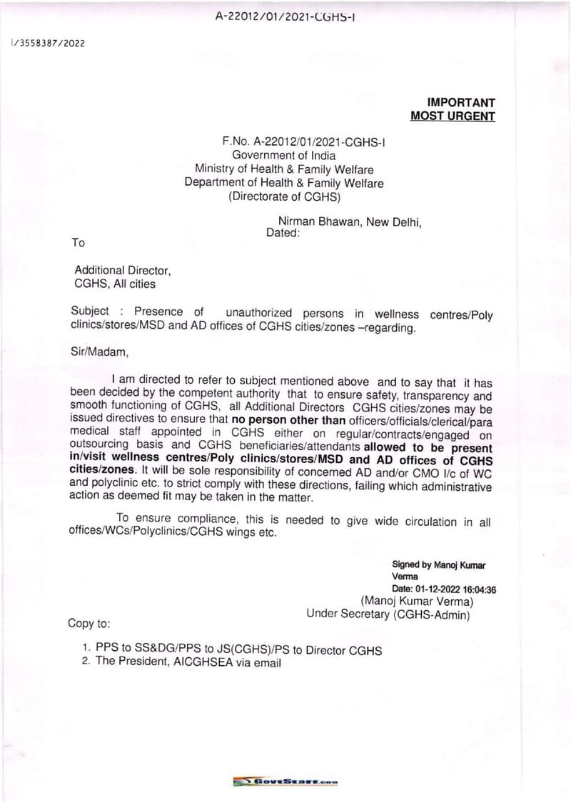 CGHS – Presence of unauthorized persons in wellness centres/Poly clinics/stores/MSD and AD offices of CGHS cities/zones