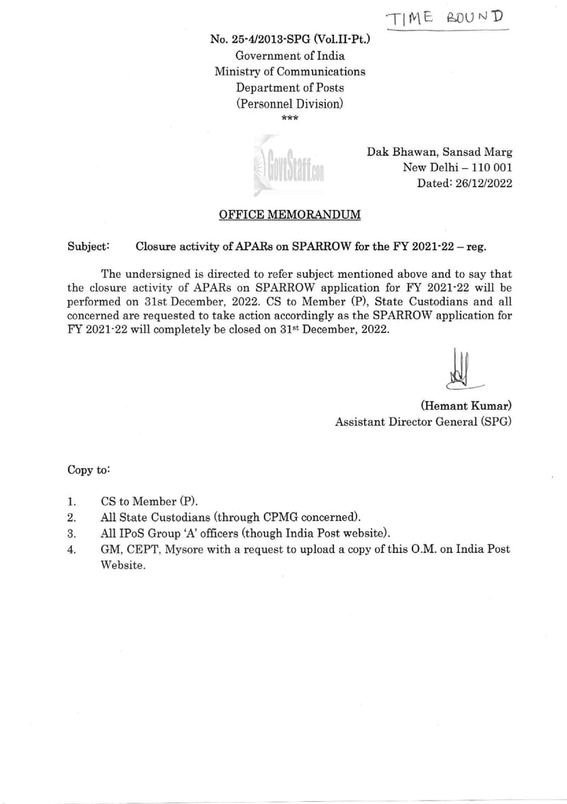 Closure activity of APARs on SPARROW for the FY 2021-22 – Department of Posts