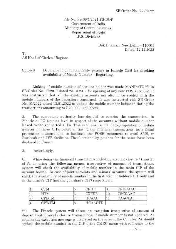 Deployment of functionality patches in Finacle CBS for checking availability of Mobile Number – SB Order No. 22 / 2022